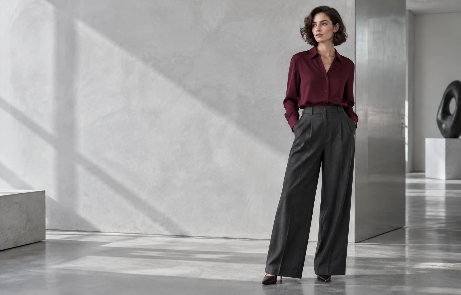 Model wearing a burgundy blouse and charcoal tailored trousers in a contemporary gallery